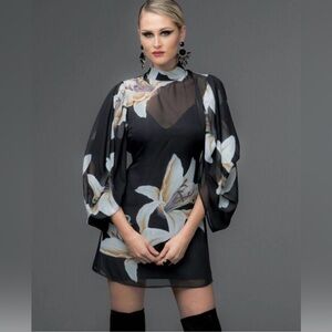 VA VA VOOM Black Floral Sheer Mini Dress with Balloon Sleeves